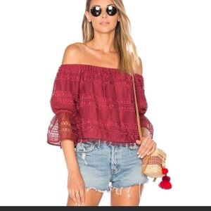 Tularosa Alexa Crochet Lace Cropped Off The Shoulder Boho Pom Pom Maroon Top